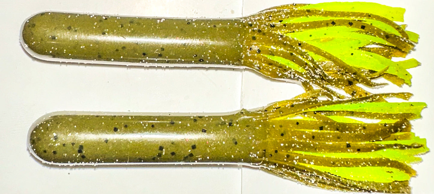 3.5” green pumpkin/chartreuse hand dipped and layered tube baits 5pk